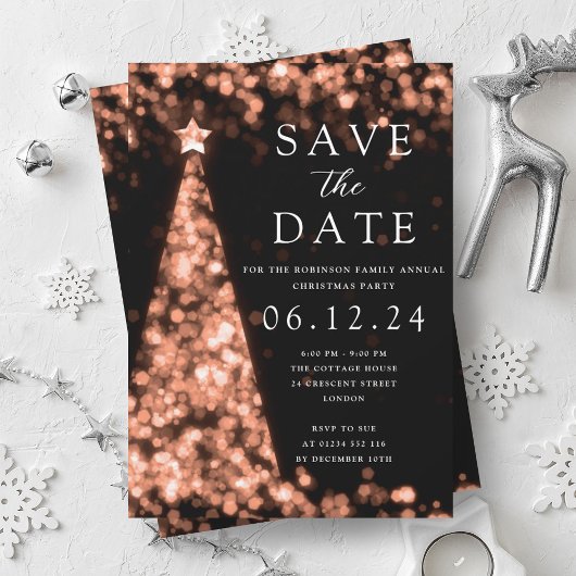Invitation Fête de Noël Enregistrer la date Rose Gold Tree Gl