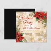 Invitation Fête de Noël Étincelle d'or Rouge Poinsettia (Devant / Derrière)