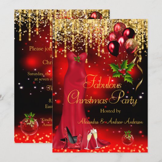 Invitation Fête de Noël Fabuleuse Rouge Pailleté Or (Devant / Derrière)