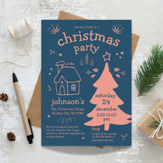 Invitation Fête de Noël Fantaisiste avec Arbre et Cottage