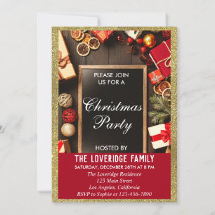 Invitation Fête de Noël festive Party Rouge & Paillettes Doré