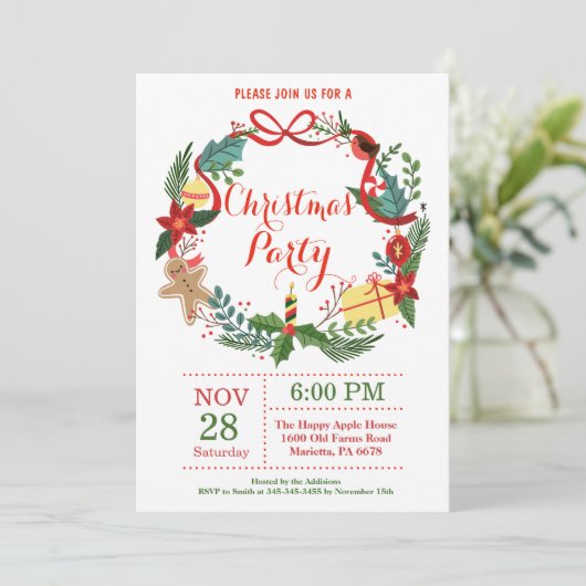 Invitation Fête de Noël Fête Florale Wreath (Debout devant)