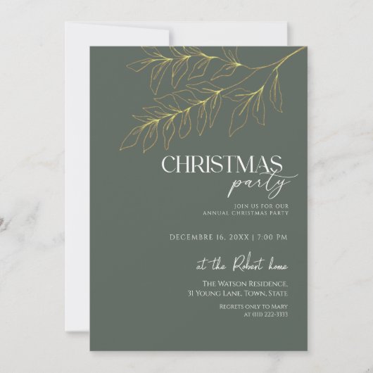 Invitation Fête de Noël Feuille Verte & Dorée (Devant)
