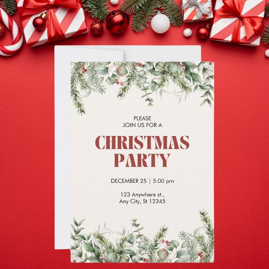 Invitation Fête de Noël fleurie beige et vert