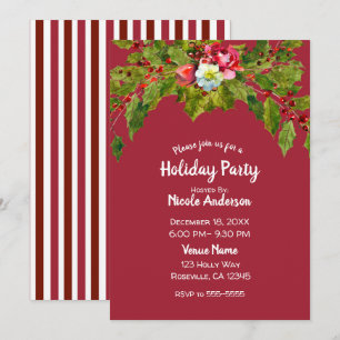 Invitation Fête de Noël Fleurs de houx Baies florales