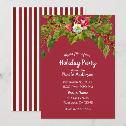 Invitation Fête de Noël Fleurs de houx Baies florales (Devant / Derrière)