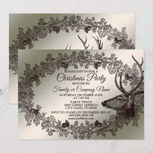 Invitation Fête de Noël Fleurs Renne Doré Hiver