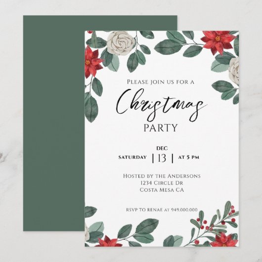Invitation Fête de Noël Fleurs Rouges Vertes (Devant / Derrière)