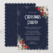 Invitation Fête de Noël Flocon de Neige Bleu Botanique (Devant / Derrière)