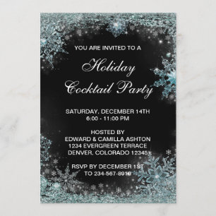 Invitation Fête de Noël flocon de neige bleu sarcelle noir