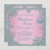 Invitation Fête de Noël flocon de neige bleu sarcelle rose (Devant / Derrière)