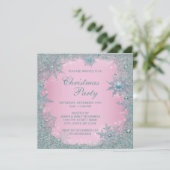 Invitation Fête de Noël flocon de neige bleu sarcelle rose (Debout devant)