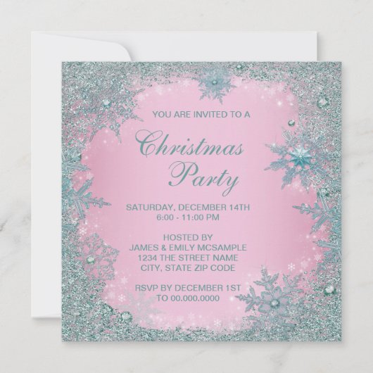Invitation Fête de Noël flocon de neige bleu sarcelle rose (Devant)