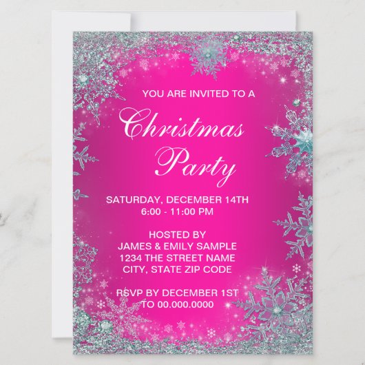Invitation Fête de Noël Flocon de Neige Bleu Sarcelle Rose Ch (Devant)