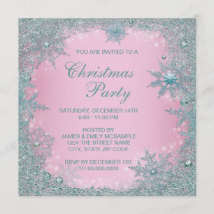 Invitation Fête de Noël Flocon de Neige Bleu Turquoise Rose