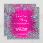 Invitation Fête de Noël Flocon de Neige Bleu Turquoise Rose C (Devant / Derrière)