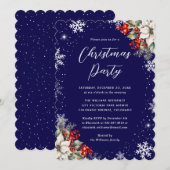 Invitation Fête de Noël flocon de neige botanique bleu (Devant / Derrière)