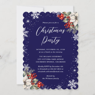 Invitation Fête de Noël flocon de neige botanique bleu
