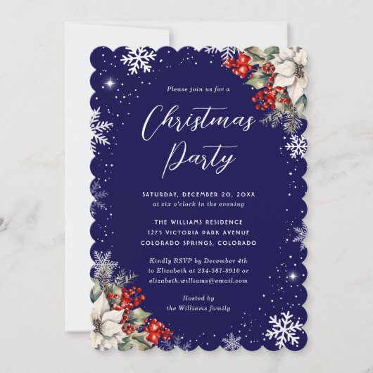 Invitation Fête de Noël flocon de neige botanique bleu (Devant)