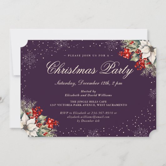 Invitation Fête de Noël Flocon de neige botanique violet (Devant)