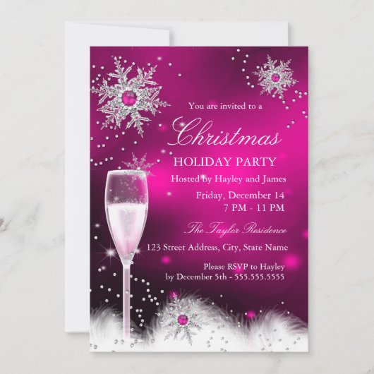Invitation Fête de Noël flocon de neige Champagne rose (Devant)