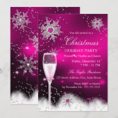 Invitation Fête de Noël flocon de neige Champagne rose (Devant / Derrière)