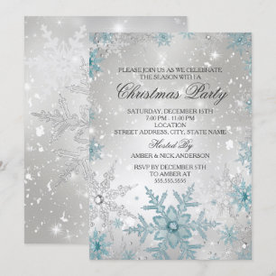 Invitation Fête de Noël flocon de neige cristal bleu et argen