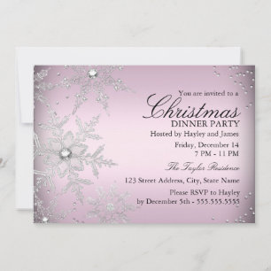Invitation Fête de Noël Flocon de Neige Cristal Rose