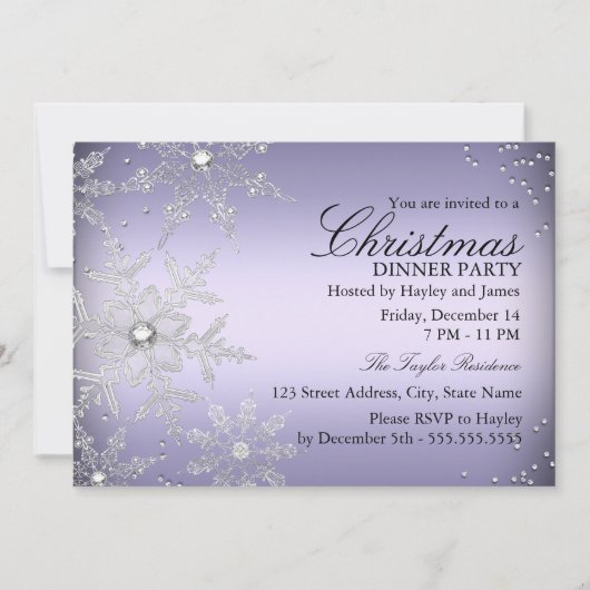 Invitation Fête de Noël Flocon de Neige Cristal Violet (Devant)