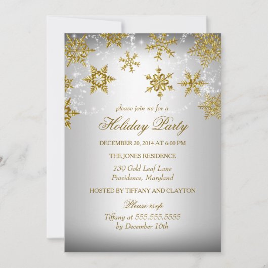 Invitation Fête de Noël flocon de neige en Or et Argent (Devant)