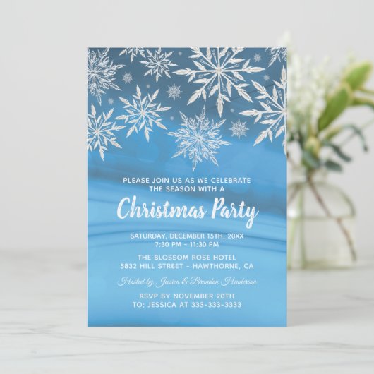 Invitation Fête de Noël Flocon de Neige Hiver Bleu (Debout devant)