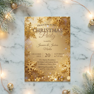 Invitation Fête de Noël Flocon de Neige Paillettes Or Élégant