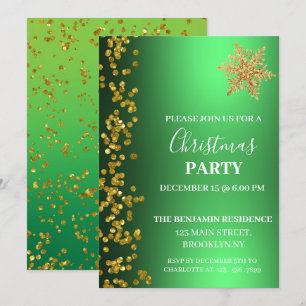 Invitation Fête de Noël Flocon de Neige Paillettes Or Vert