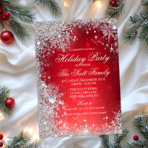 Invitation Fête de Noël Flocon de Neige Paillettes Rouge et A