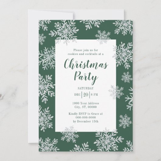 Invitation Fête de Noël Flocon de Neige Vert Hiver (Devant)