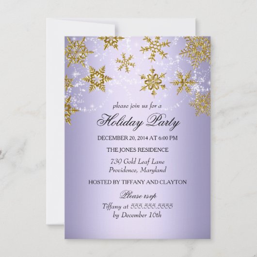 Invitation Fête de Noël Flocon de Neige Violet et Or (Devant)