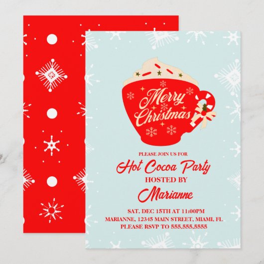 Invitation Fête de Noël Flocons de Cacao Chaud Rétro (Devant / Derrière)
