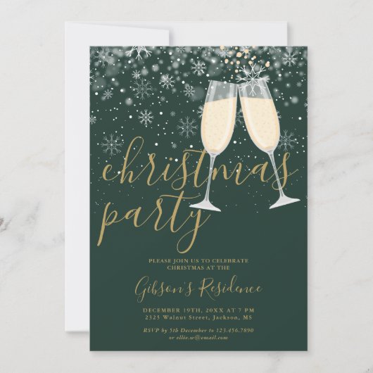 Invitation Fête de Noël Flocons de Neige Or Script (Devant)