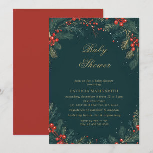 Invitation Fête de Noël Floral Hiver Vert Or Baby Shower