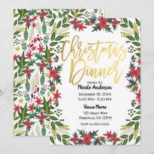 Invitation Fête de Noël Floral Rustique Écriture Dorée