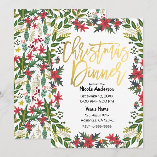 Invitation Fête de Noël Floral Rustique Écriture Dorée (Devant / Derrière)