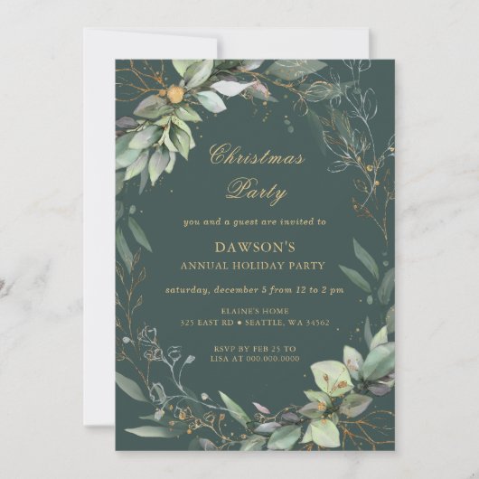 Invitation Fête de Noël Floral Vert Or (Devant)