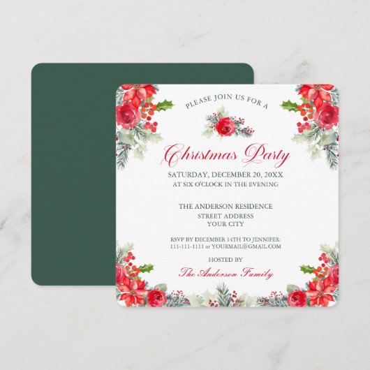Invitation Fête de Noël florale à l'aquarelle chic (Devant / Derrière)