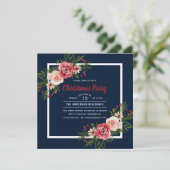 Invitation Fête de Noël florale d'aquarelle de bleu marine (Debout devant)