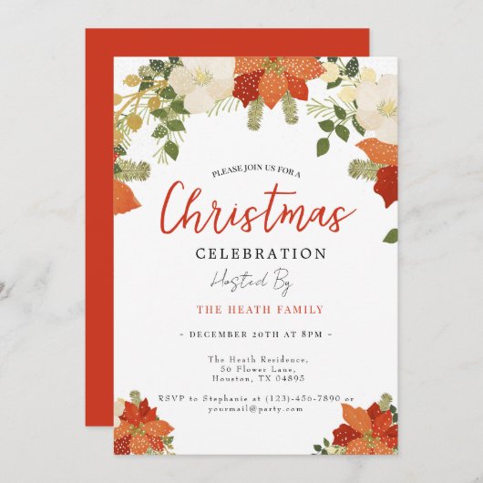 Invitation Fête de Noël florale neige (Devant / Derrière)