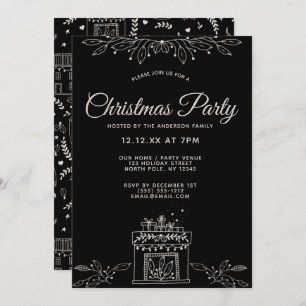 Invitation Fête de Noël florale noire et blanche