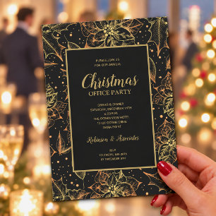 Invitation Fête de Noël florale or et noir
