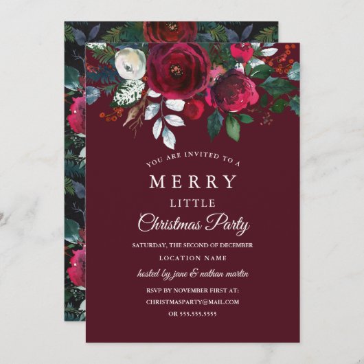 Invitation Fête de Noël Florale Rouge Bourgogne (Devant / Derrière)