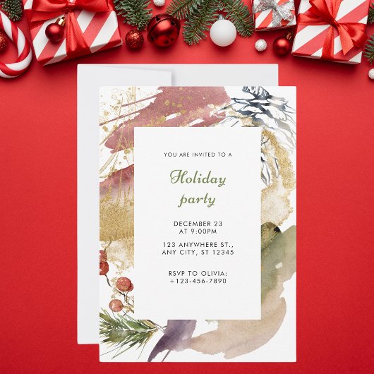 Invitation Fête de Noël Florale Rouge Et Or