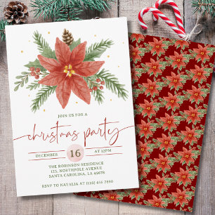 Invitation Fête de Noël florale rouge et verte à l'aquarelle